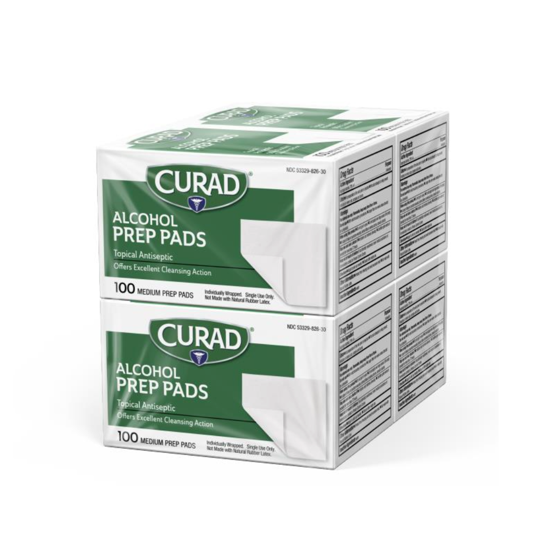 Two boxes of Medline CURAD Alcohol Prep Pads, each containing 100 medium, 1-ply pads, are stacked together. The green and white packaging displays product info clearly on the front and side.